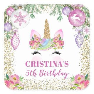Pink Floral Christmas Unicorn Party Favor Square Sticker