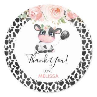 Pink Floral Cow Print Birthday Thank You Sticker