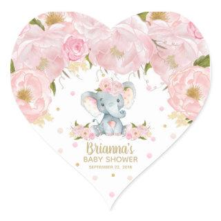 Pink Floral Cute Elephant Baby Shower Heart Sticker