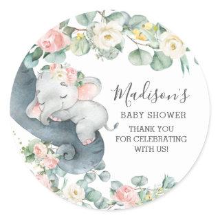 Pink Floral Elephant Girl Baby Shower Birthday  Classic Round Sticker