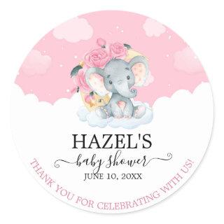 Pink Floral Elephant Girl Baby Shower Thank You Classic Round Sticker