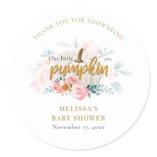 Pink Floral Fall Pumpkin Girl Baby Shower Classic Round Sticker
