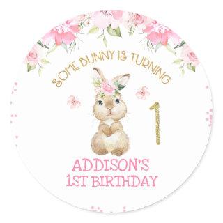 Pink Floral Furry Bunny Gold One First Birthday Classic Round Sticker
