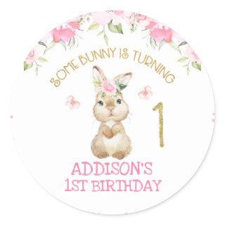 Pink Floral Furry Bunny Gold One First Birthday Classic Round Sticker