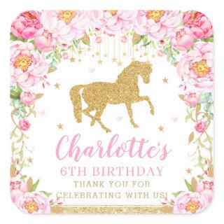 Pink Floral Gold Horse Birthday Thank You Favor Square Sticker
