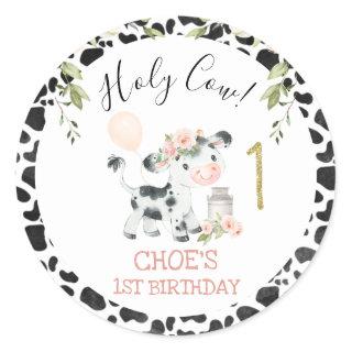 Pink Floral Holy Cow Cow Print First Birthday Classic Round Sticker