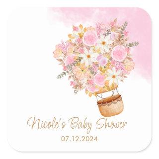 Pink Floral Hot Air Balloon Baby Shower  Square Sticker
