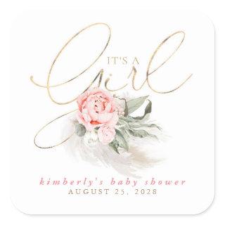 Pink Floral It's A Girl Baby Shower Square Sticker
