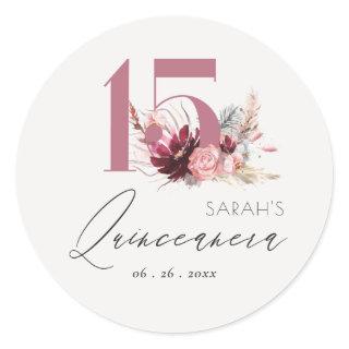 Pink Floral Pampas Grass Quinceanera 15th Birthday Classic Round Sticker