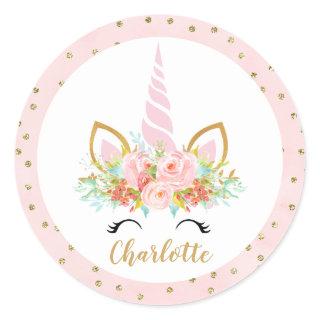 Pink Floral Unicorn Face Birthday Favor Sticker