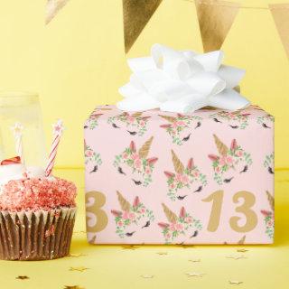 Pink Floral Unicorn Gold Glitter Age Birthday