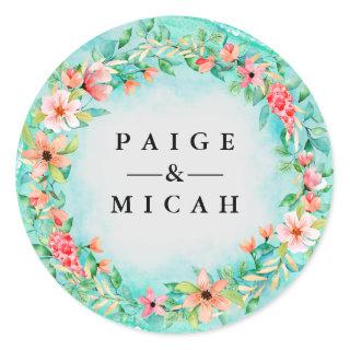 Pink Floral Wedding Couple Names Botanical Classic Round Sticker