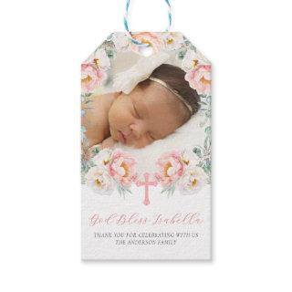 Pink Floral with Photo Baptism Favors Gift Tags