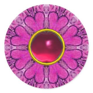 PINK FLOWER PETALS,FLORAL HEARTS AND RUBY GEMSTONE CLASSIC ROUND STICKER