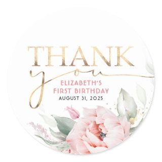 Pink Flowers Elegant Greenery and Gold Thank You Classic Round Sticker