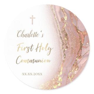 pink fluid marble First Communion Classic Round Sticker