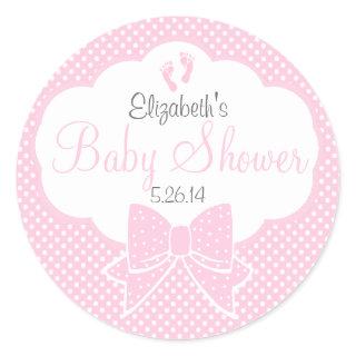 Pink Footprints Bow and Swiss Dots Baby Shower Classic Round Sticker