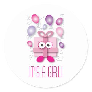 Pink Gift Box Cartoon Gender Reveal Classic Round  Classic Round Sticker