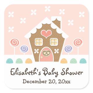PINK GINGERBREAD HOUSE BABY SHOWER PARTY FAVOR SQUARE STICKER