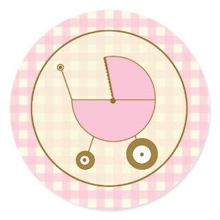 Pink Gingham Baby Carriage Sticker
