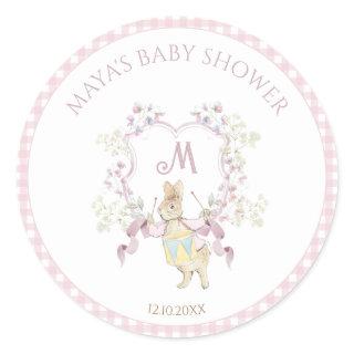 Pink Gingham Peter the Rabbit Monogram Baby Shower Classic Round Sticker