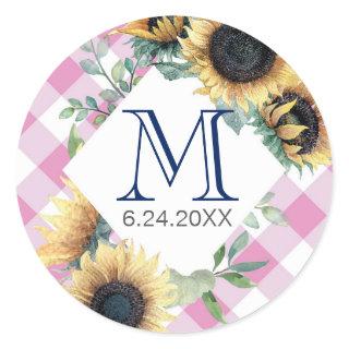 Pink Gingham Sunflower Thank You Classic Round Sticker