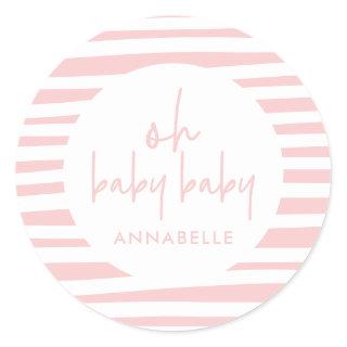 pink girl twin baby shower typography modern party classic round sticker