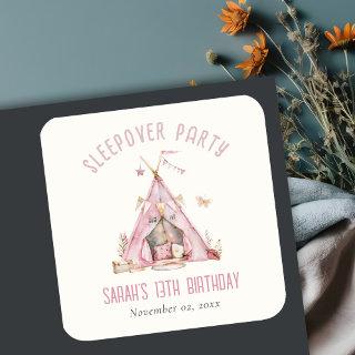 Pink Girls Tent Sleepover Slumber Birthday Party Square Sticker