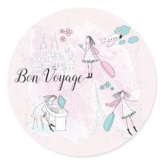 Pink Girly Bon Voyage Travel Classic Round Sticker