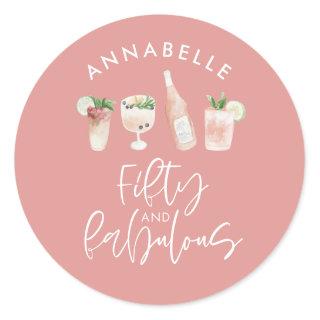 Pink girly watercolor 50 and fabulous birthday cla classic round sticker