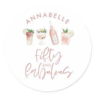 Pink girly watercolor 50 and fabulous birthday classic round sticker