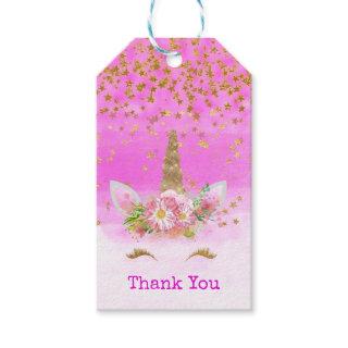 Pink Glitter and Gold Stars Unicorn Thank You Gift Tags