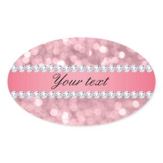 Pink Glitter Bokeh and Diamonds Personalized Oval Sticker