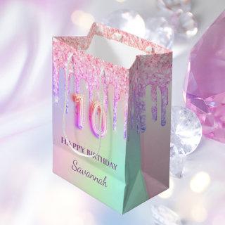 Pink glitter drips holographic 10th birthday medium gift bag