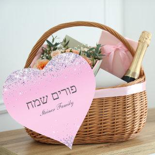 Pink Glitter Heart Happy Purim Label