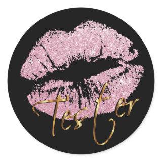 Pink Glitter Lips on Black - Tester Classic Round Sticker
