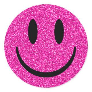 Pink Glitter Smile Face Classic Round Sticker