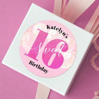 Pink Glitter Sweet 16 Birthday Balloons Script Classic Round Sticker