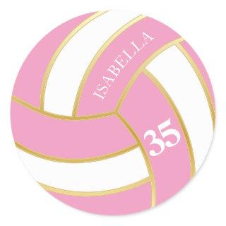 Pink, Gold and White Volleyball - Personalize Classic Round Sticker