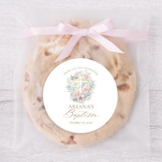 Pink Gold Cross Floral Elegant Watercolor Baptism Classic Round Sticker