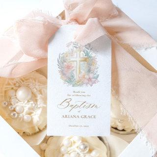 Pink Gold Cross Floral Elegant Watercolor Baptism Gift Tags