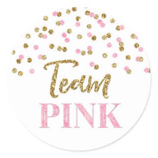 Pink Gold Dots Gender Reveal Baby Shower Team Pink Classic Round Sticker