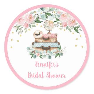 Pink Gold Floral Travel Bridal Shower Classic Round Sticker