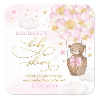 Pink Gold Teddy Bear Hot Air Balloon Baby Girl Square Sticker