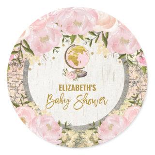 Pink Gold Travel Map Baby Shower Favors Classic Round Sticker