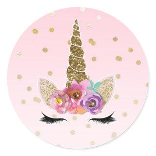 Pink Gold Unicorn Floral Horn Birthday Party Favor Classic Round Sticker
