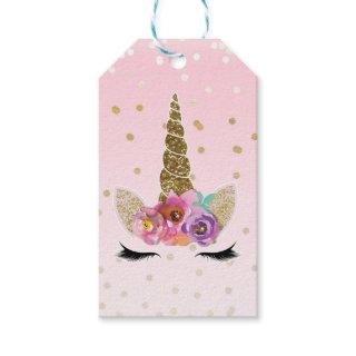 Pink Gold Unicorn Floral Horn Birthday Party Favor Gift Tags