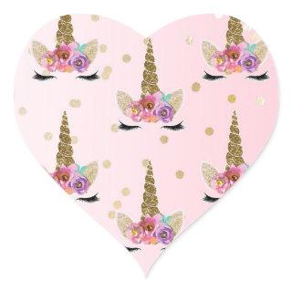 Pink & Gold Unicorn Floral Horn Birthday Party Heart Sticker