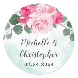 Pink Green and Silver Watercolor Floral Wedding Classic Round Sticker