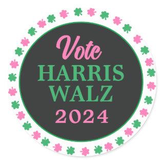 Pink Green Clover 2024 Vote Harris Walz Classic Round Sticker
